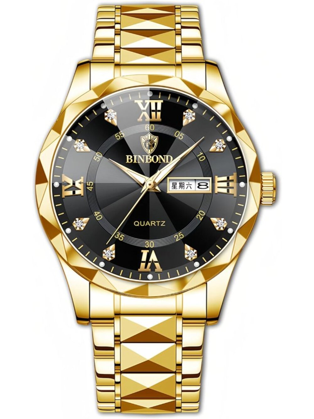 Men Gold And Black Analog Stainless Steel Roman Numeral Diamond Waterproof Watch